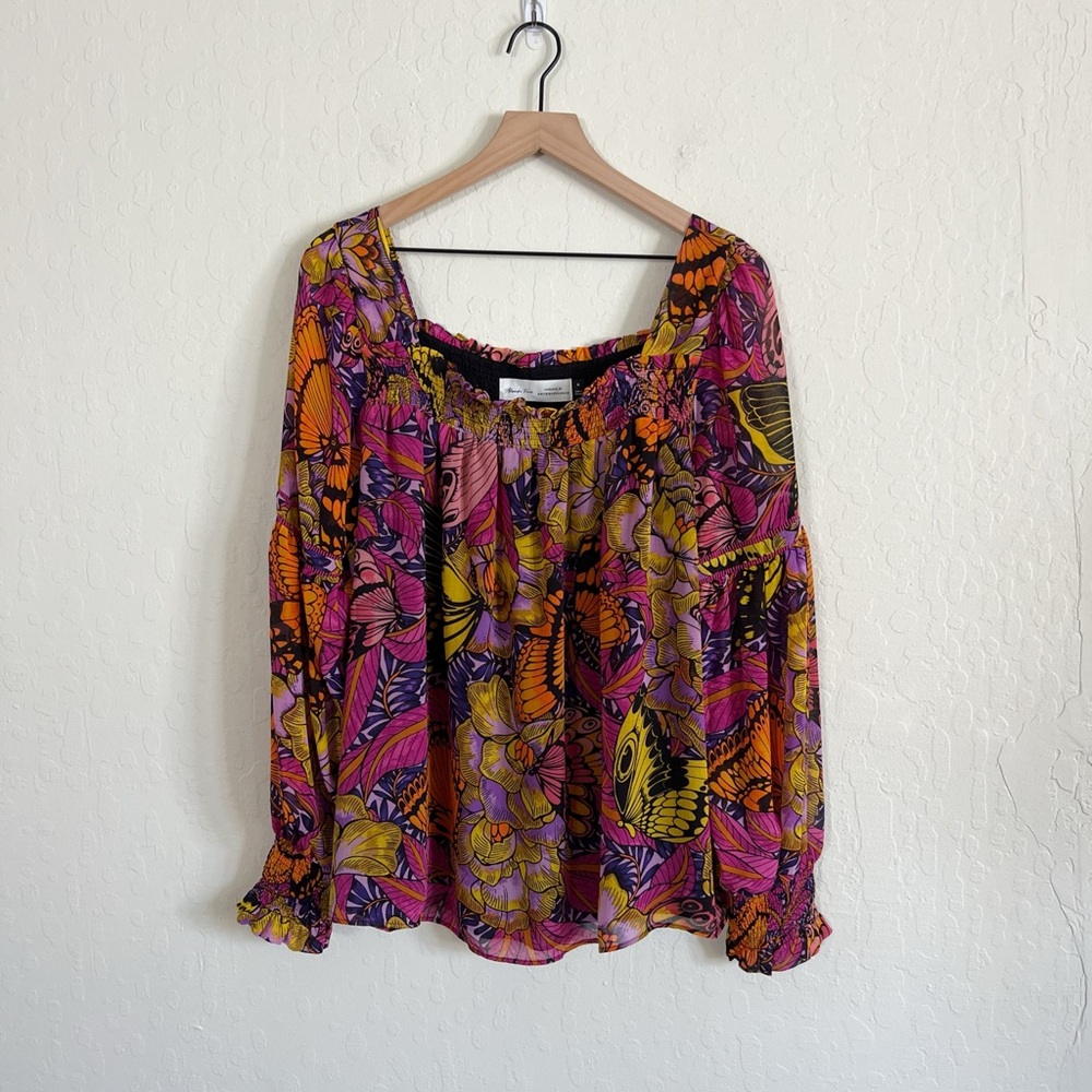 Anthropologie Alexandra Farmer Floral Butterfly Smocked Puff Sleeve Blouse XL - Picture 5 of 10
